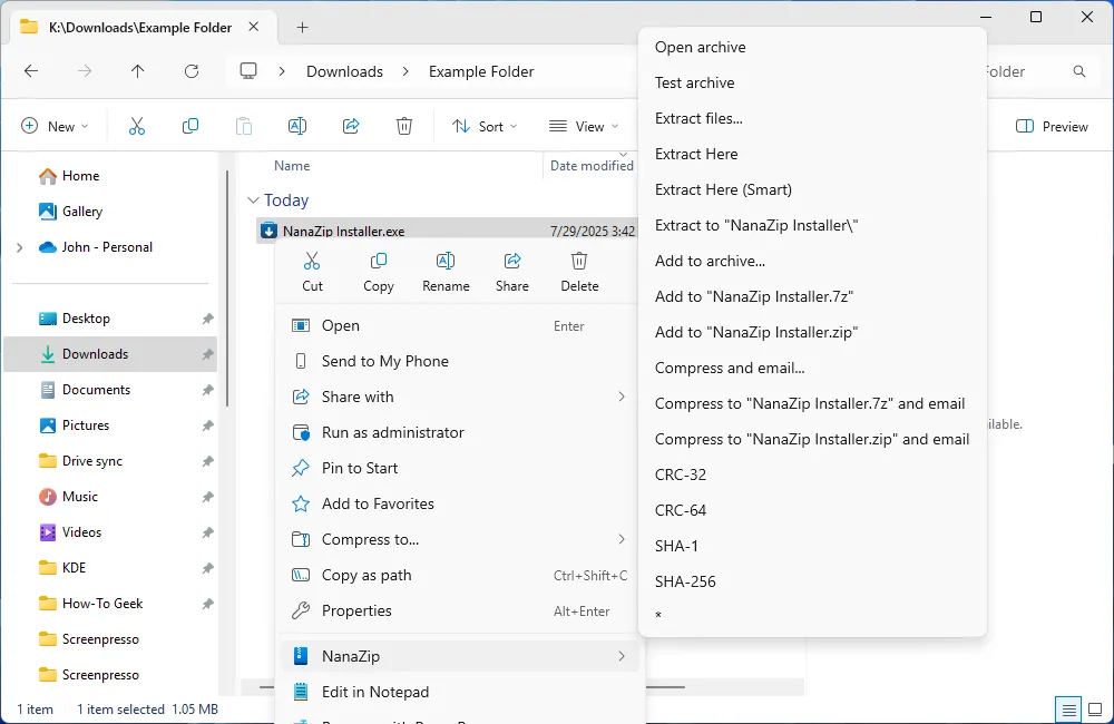 NanaZip xuất hiện trong menu chuột phải của Windows 11, cho phép truy cập nhanh các tùy chọn nén và giải nén.