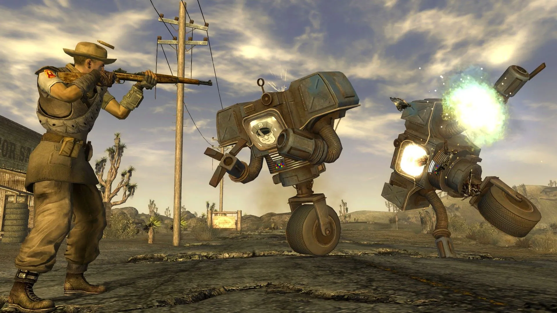Người chơi chiến đấu chống lại Securitron trong Fallout New Vegas, gợi nhớ về vai trò của DJ Mr. New Vegas trong việc định hình không khí và thông tin ở vùng đất hoang.