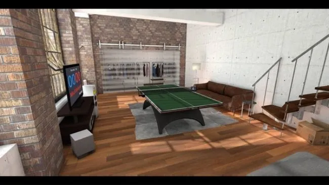 Người chơi đang thi đấu bóng bàn trong Eleven Table Tennis VR với môi trường ảo chân thực.