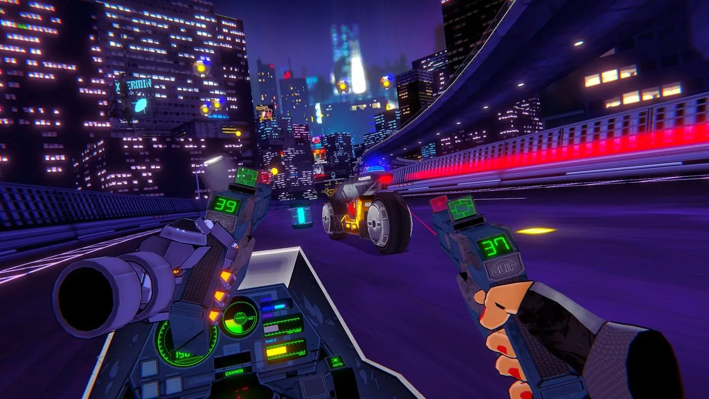 Người chơi lái mô tô trong game RUNNER, bắn súng vào đối thủ trong bối cảnh cyberpunk hiện đại và rực rỡ