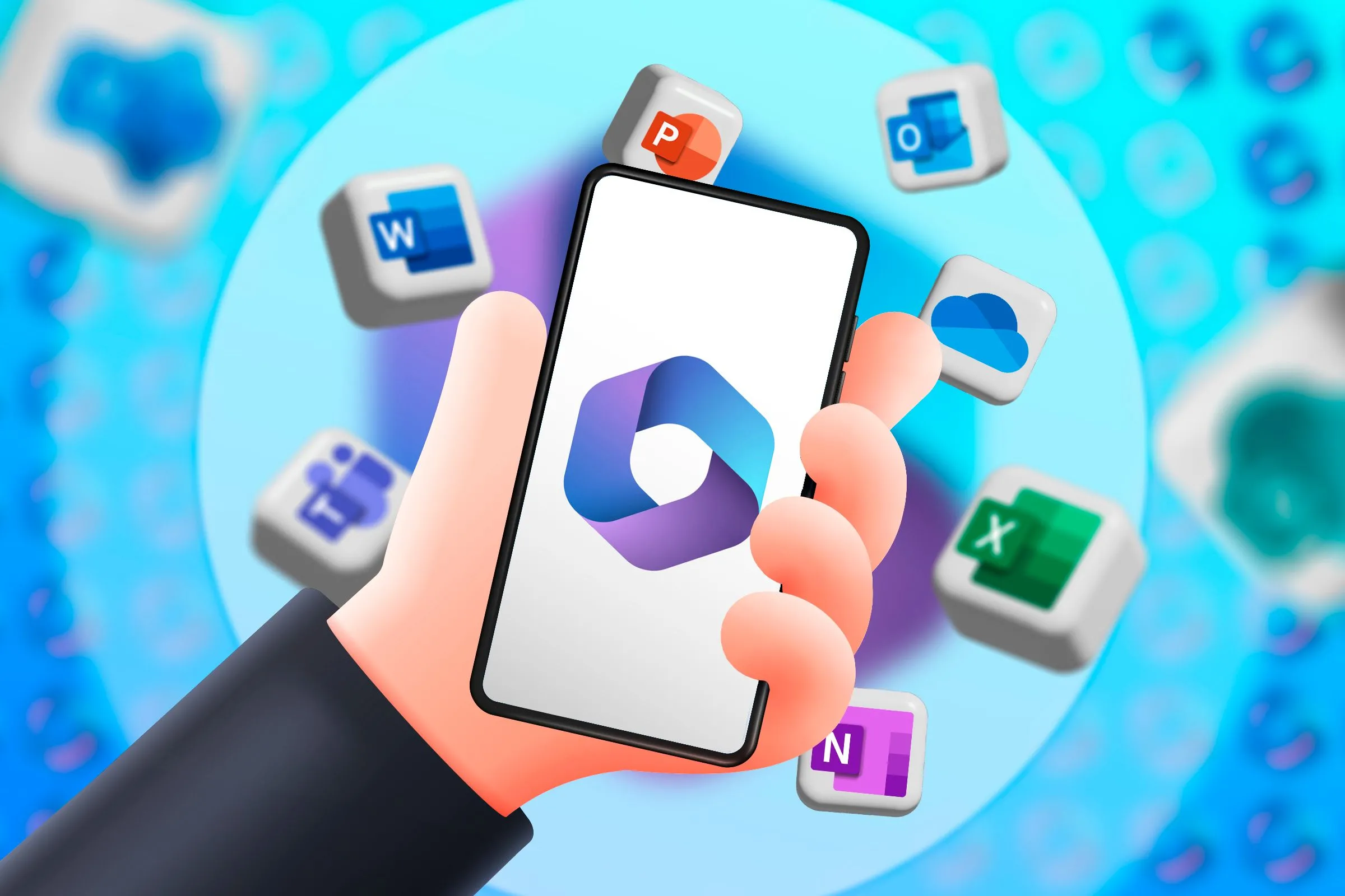 Người dùng cầm điện thoại hiển thị logo Microsoft 365 cùng các biểu tượng ứng dụng Office, minh họa việc tích hợp AI Copilot