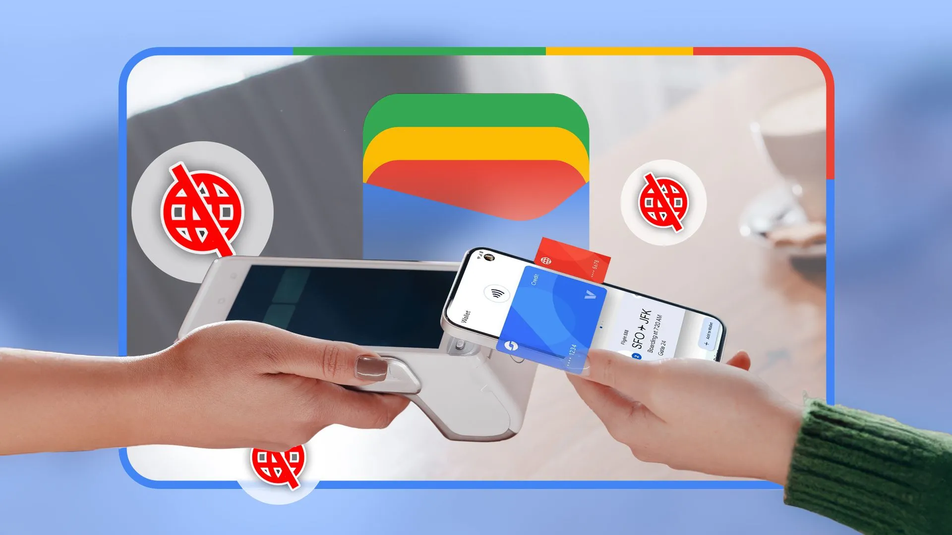 Người dùng thanh toán không tiếp xúc bằng điện thoại thông minh qua máy POS với logo Google Wallet