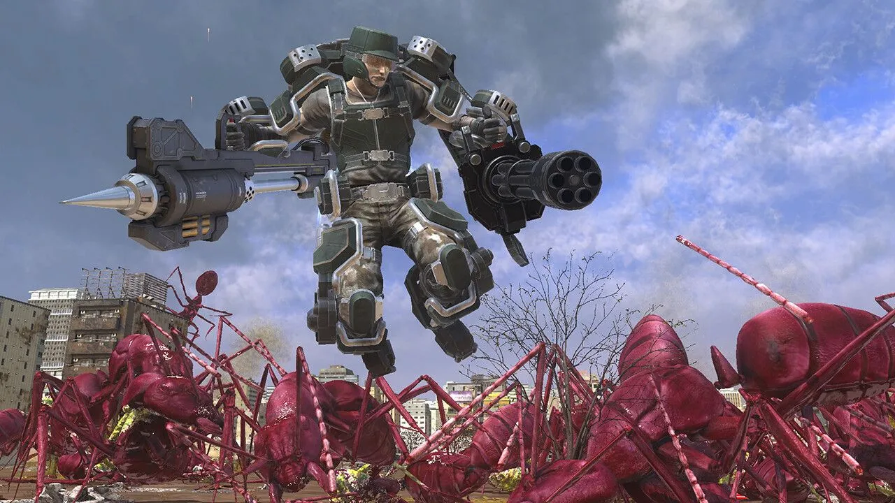 Người lính chiến đấu với đội quân kiến khổng lồ trong game Earth Defense Force 6, một tựa game kusoge kinh phí thấp nhưng cực kỳ giải trí.