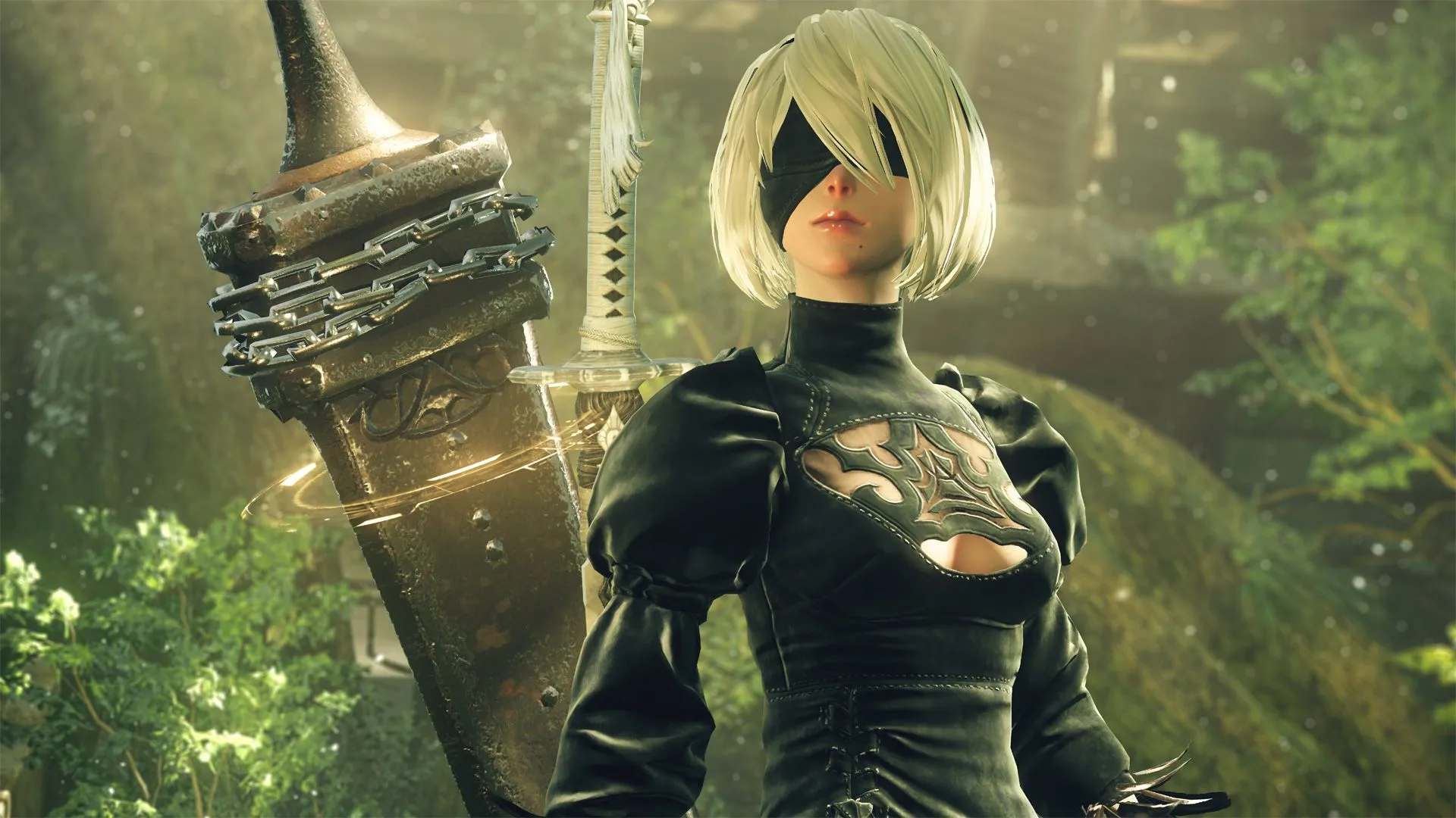 Nhân vật 2B trong NieR: Automata cầm thanh kiếm lớn, minh họa đồ họa và cốt truyện xuất sắc của game hiện đại.