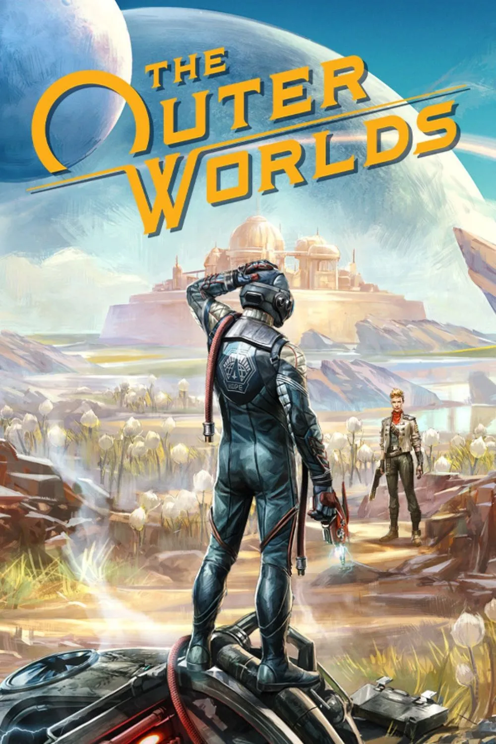 Nhân vật chính từ The Outer Worlds cầm súng trong một môi trường ngoài hành tinh đầy màu sắc