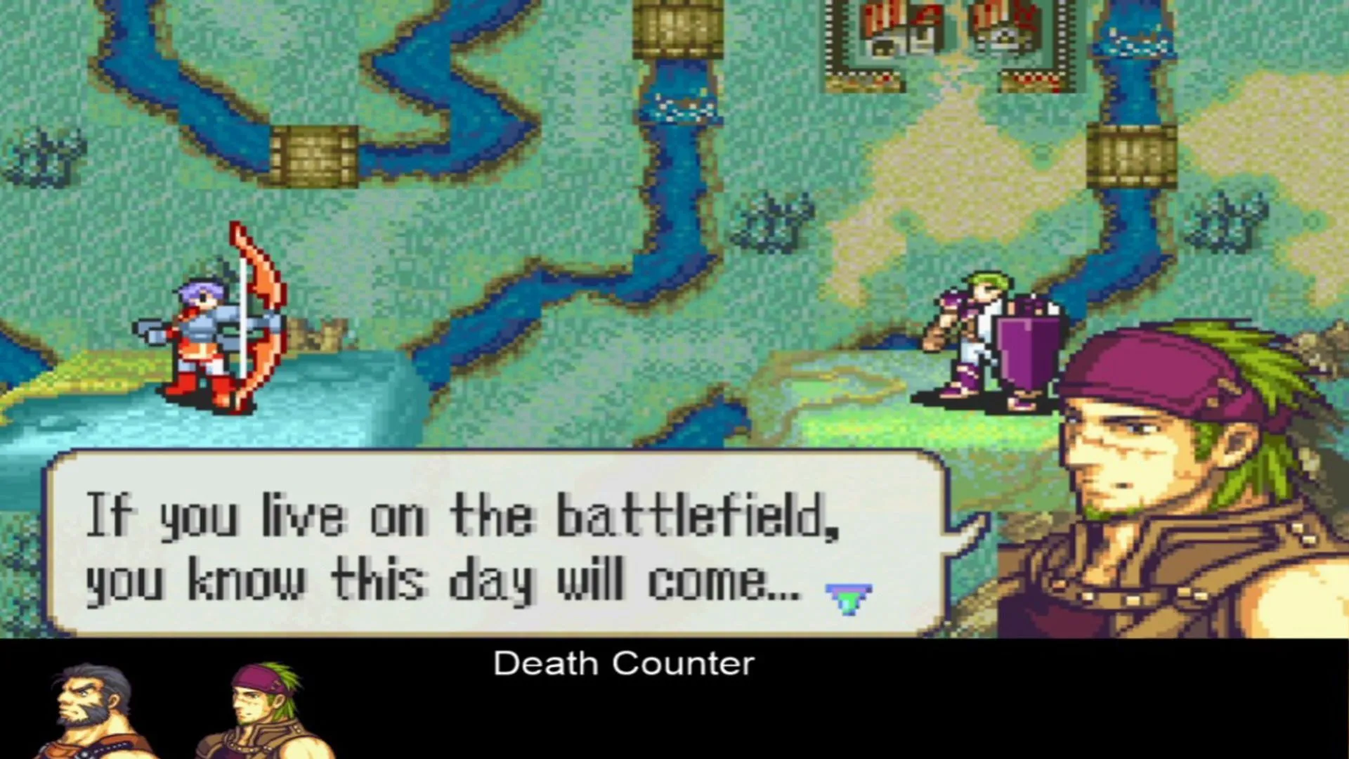 Nhân vật Gerik hy sinh trong Fire Emblem: The Sacred Stones, minh họa cho sự mất mát vĩnh viễn trong Iron Man runs.