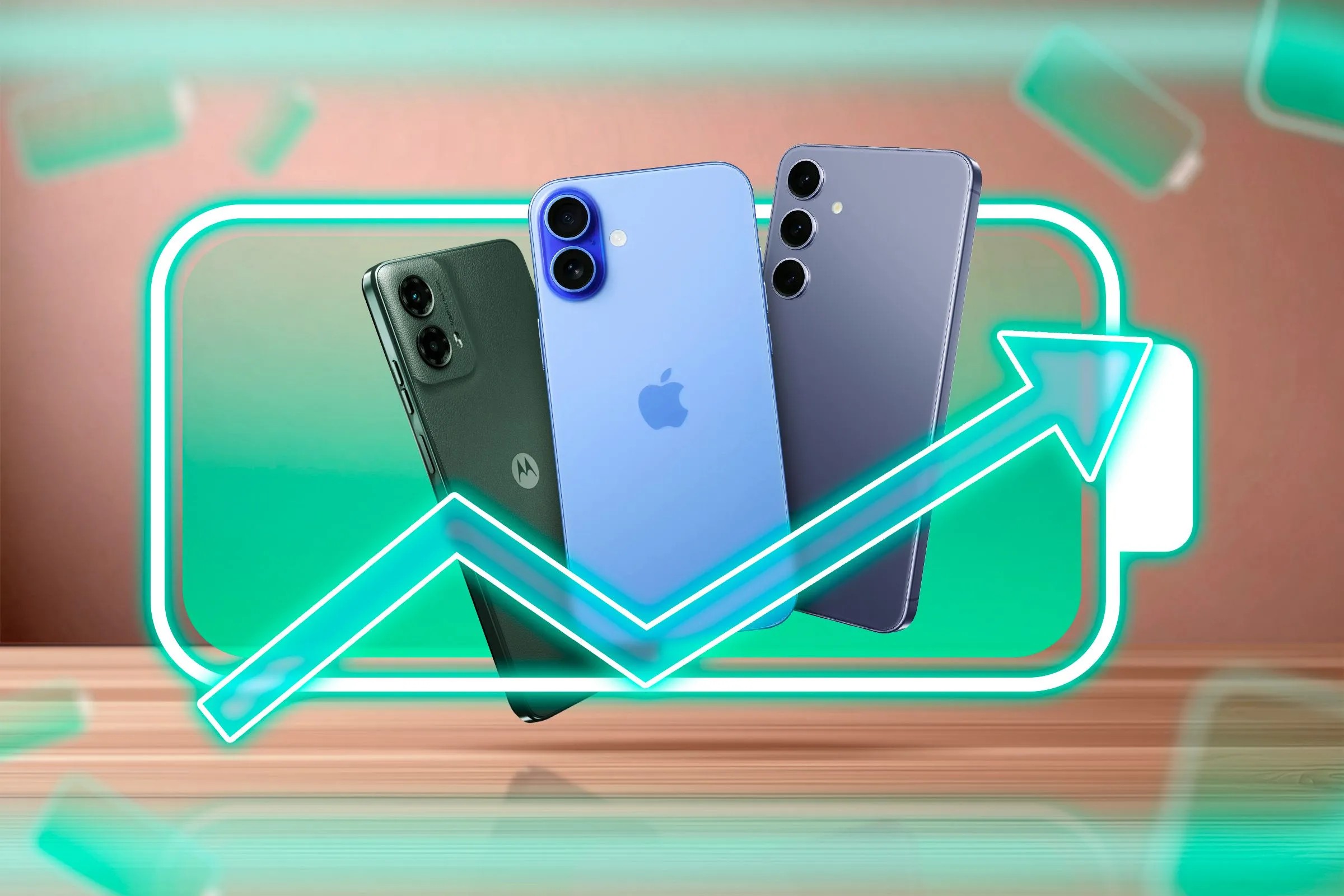 Nhiều mẫu smartphone với biểu tượng pin và mũi tên chỉ sự cải thiện thời lượng pin, hướng tới trải nghiệm 24 giờ.