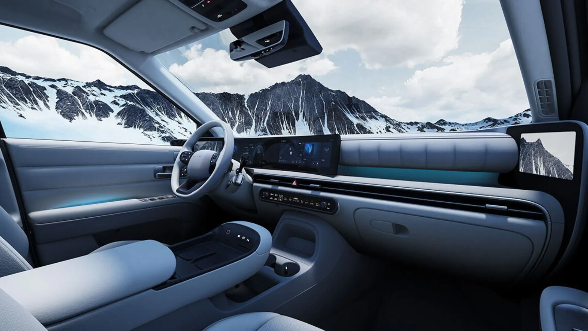 Nội thất Hyundai NEXO thế hệ mới với màn hình cong và bảng điều khiển trung tâm hiện đại