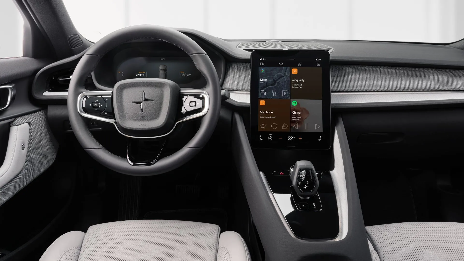 Nội thất Polestar 2 2023 với màn hình trung tâm lớn và vô lăng tối giản