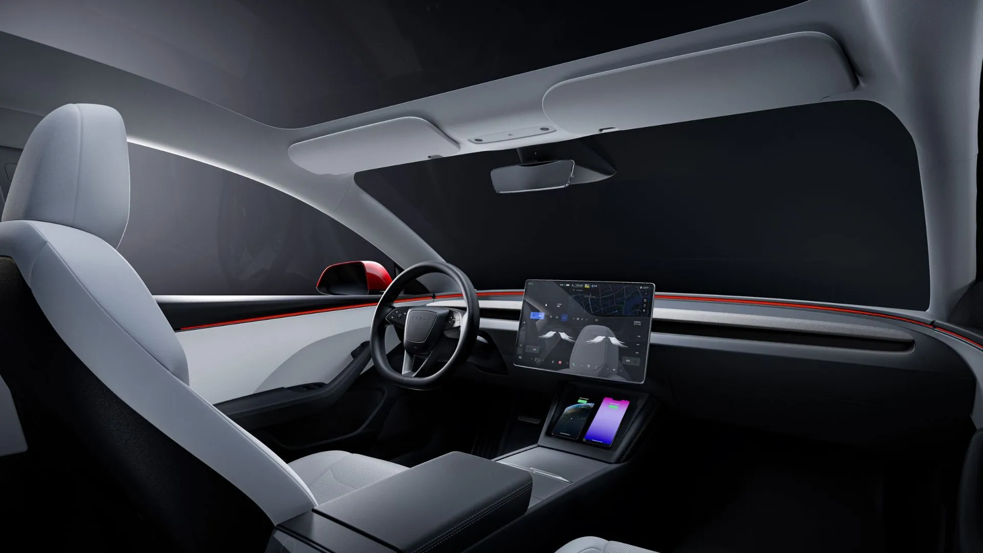 Nội thất tối giản và sang trọng của Tesla Model 3 2025 với ghế trắng, vô lăng và màn hình cảm ứng trung tâm 15.4 inch.