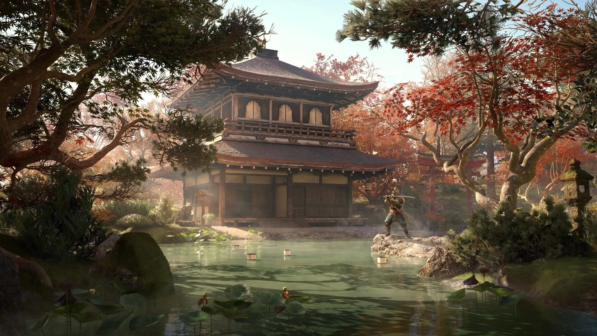 Nội thất truyền thống bên trong căn cứ Hideout của Assassin's Creed Shadows