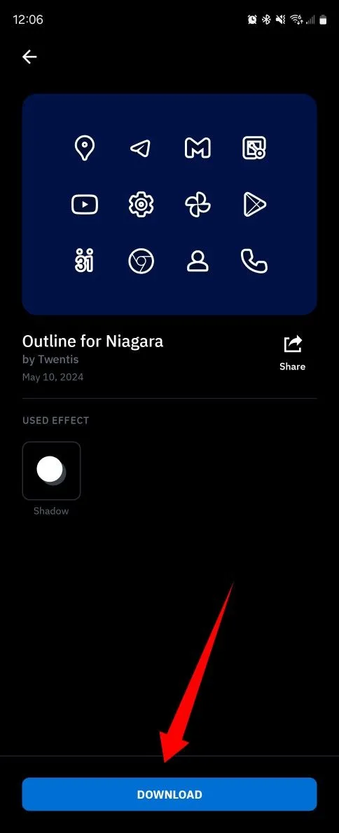 Nút &quot;Download&quot; lớn màu xanh lá cây hiện rõ ở cuối màn hình khi chọn một theme biểu tượng trong Icon Pack Studio.