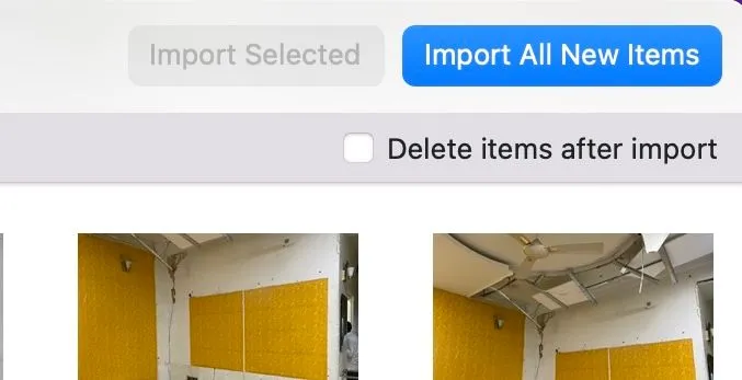 Nút &quot;Import All New Items&quot; trong ứng dụng Photos trên Mac để nhập tất cả phương tiện mới.