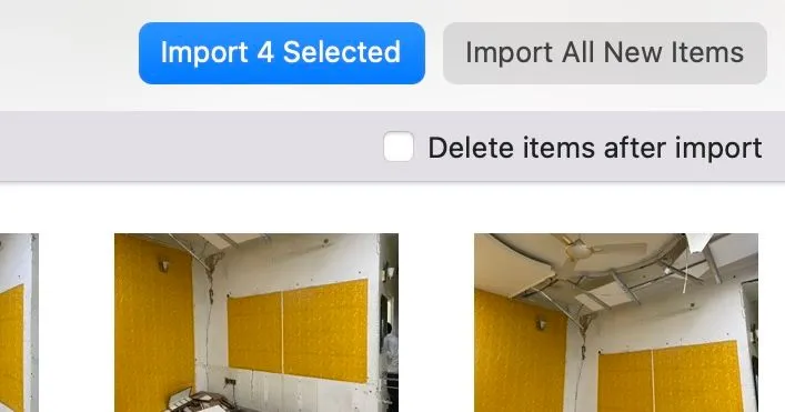Nút &quot;Import Selected&quot; trong ứng dụng Photos trên macOS để nhập các mục đã chọn.