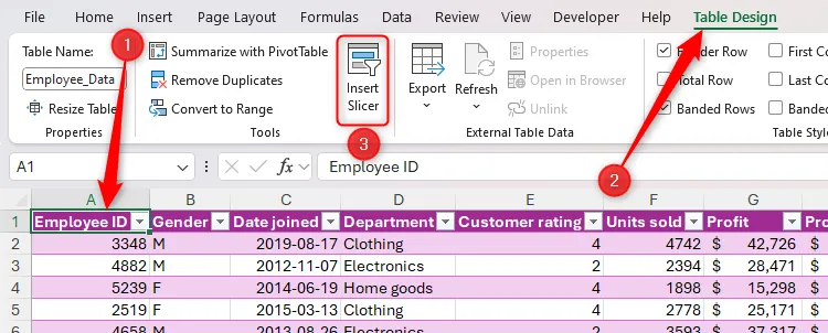 Nút Insert Slicer trong tab Table Design của Excel được làm nổi bật