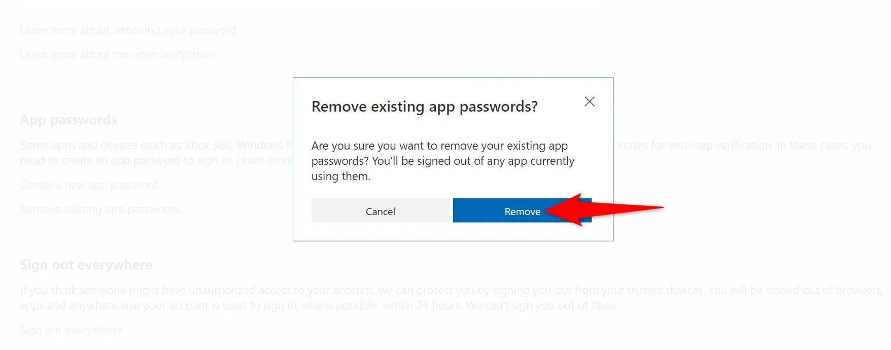 Nút &quot;Remove Existing App Passwords&quot; và cửa sổ xác nhận xóa tất cả mật khẩu ứng dụng hiện có