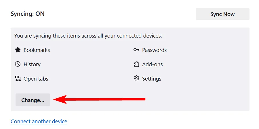 Nút &quot;Thay đổi&quot; trong phần Đồng bộ hóa của cài đặt tài khoản Firefox