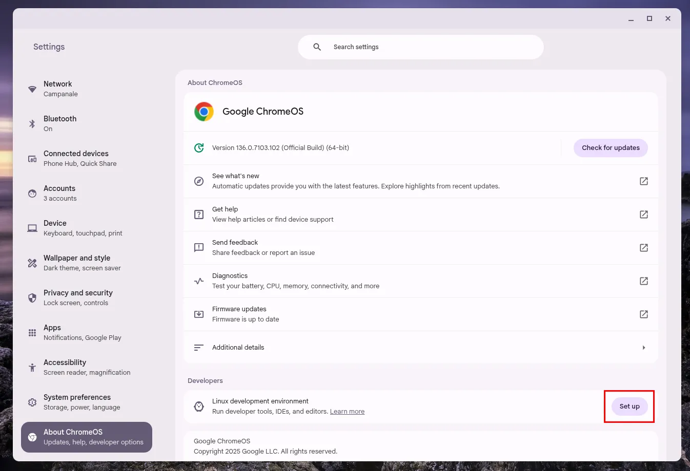 Nút &quot;Thiết lập&quot; trong phần &quot;Nhà phát triển&quot; trên trang cài đặt ChromeOS được đánh dấu.
