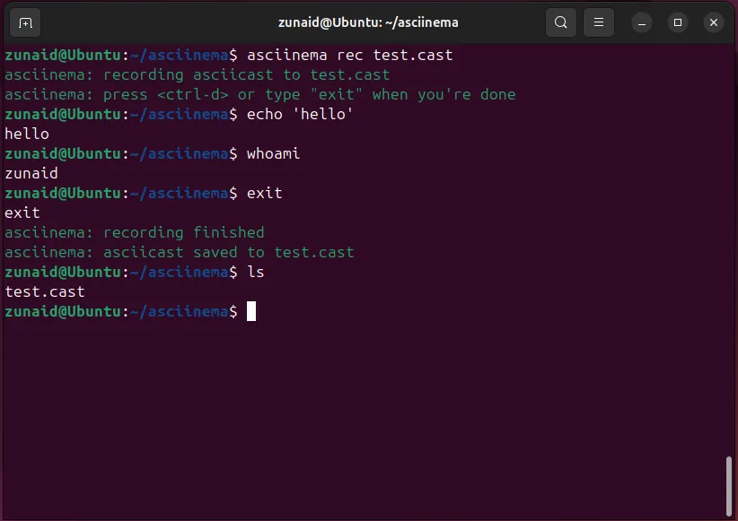 Quá trình ghi lại phiên làm việc terminal Linux bằng lệnh asciinema rec, hiển thị các lệnh đang được nhập và kết quả.