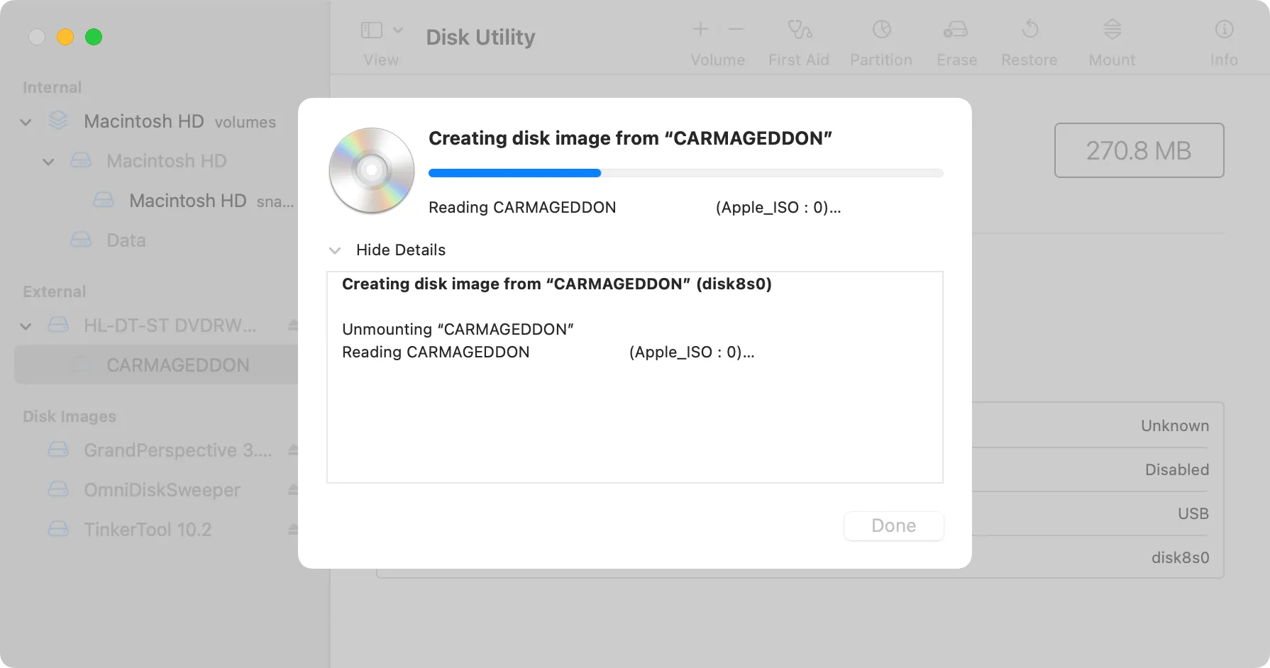 Quá trình tạo file ảnh đĩa CDR từ đĩa CD trong Disk Utility của Mac