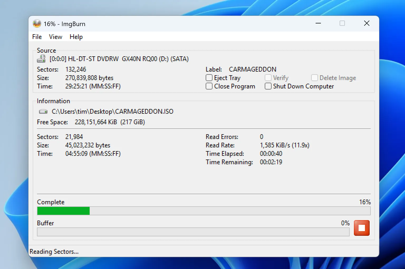 Quá trình tạo file ISO từ đĩa vật lý bằng ImgBurn trên Windows