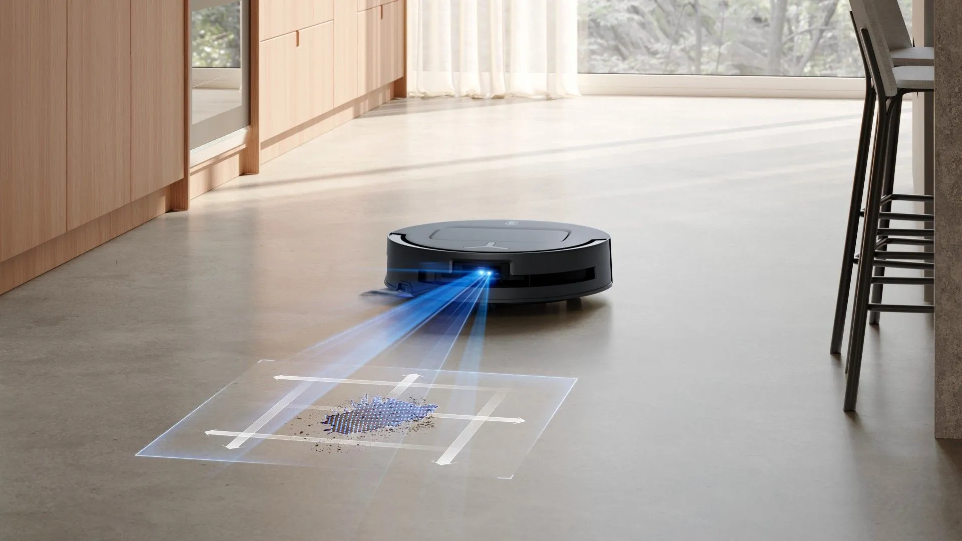 Robot hút bụi Ecovacs Deebot đang làm sạch sàn nhà, sử dụng công nghệ AI để nhận diện và tối ưu đường đi, hứa hẹn hiệu quả làm sạch vượt trội.