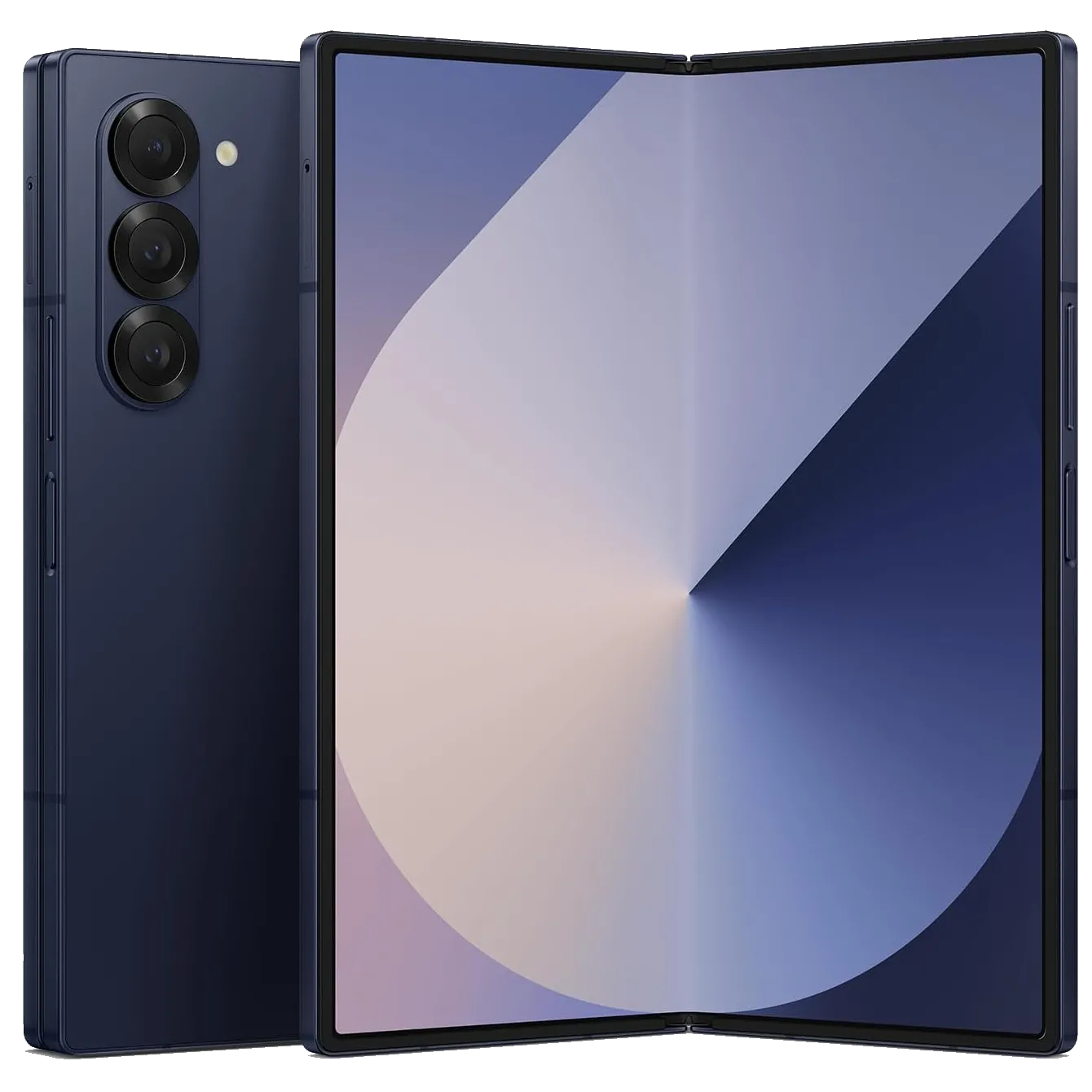 Samsung Galaxy Z Fold 6 ở chế độ mở, hiển thị màn hình chính lớn và camera trước ẩn.