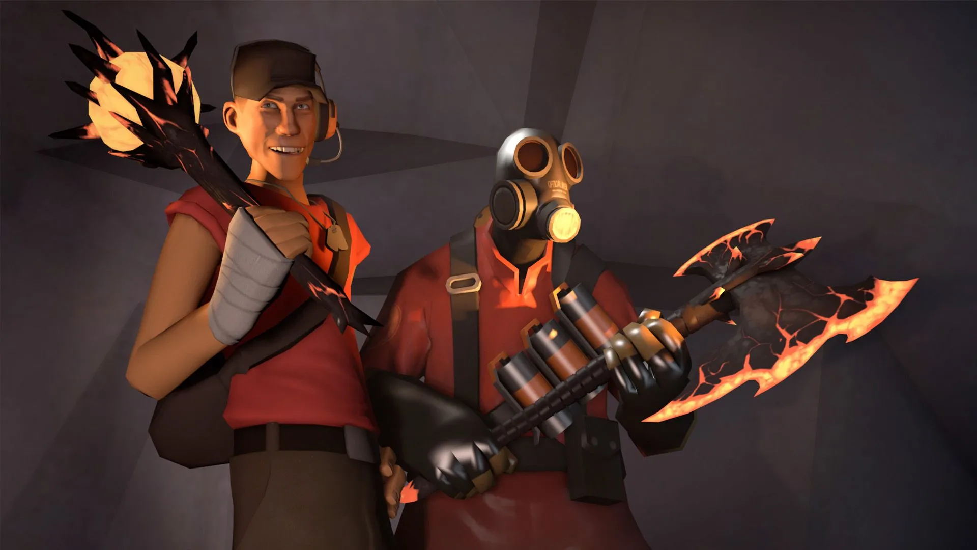 Scout và Pyro trong Team Fortress 2 cầm vũ khí lửa.