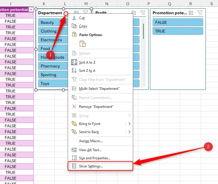 Slicer Settings được chọn trong menu chuột phải trên một slicer trong Excel