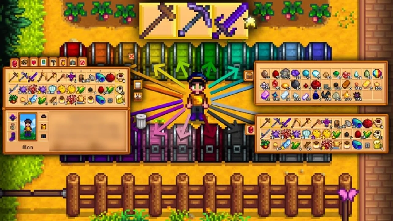 Sơ đồ mô tả người nông dân Stardew Valley đang đặt nhiều vật phẩm vào nhiều rương cùng lúc, tối ưu hóa quản lý kho.