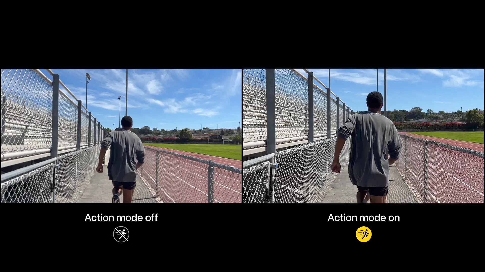 So sánh hai video cạnh nhau, một không có Action Mode và một có Action Mode, cho thấy sự ổn định vượt trội khi quay cảnh vận động.