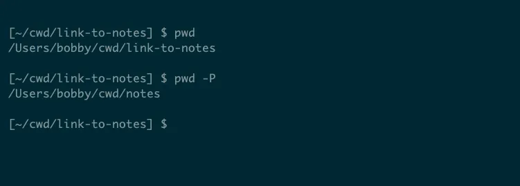 So sánh kết quả của lệnh pwd thông thường và pwd -P, cho thấy đường dẫn logic và đường dẫn vật lý khi đang ở trong một liên kết tượng trưng.
