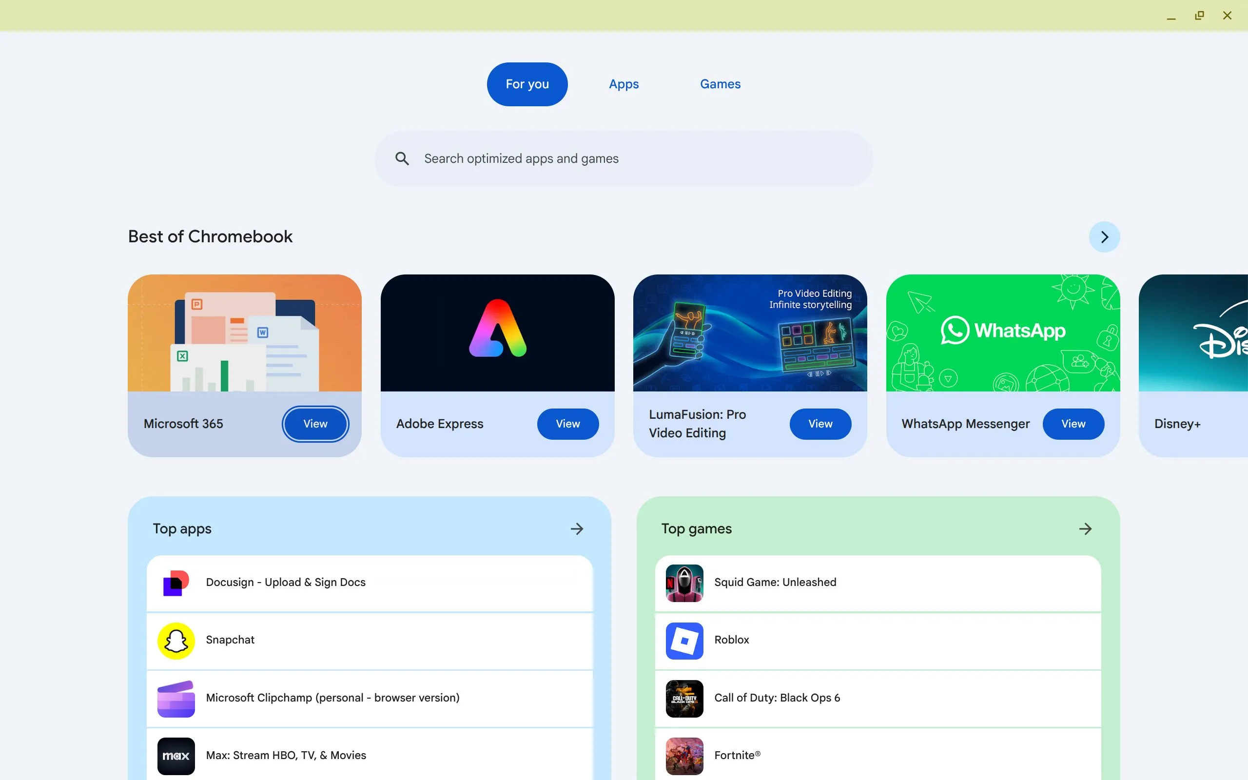 Tab &quot;Dành cho bạn&quot; trong ứng dụng Apps &amp; Games trên Chromebook, hiển thị các gợi ý ứng dụng và trò chơi
