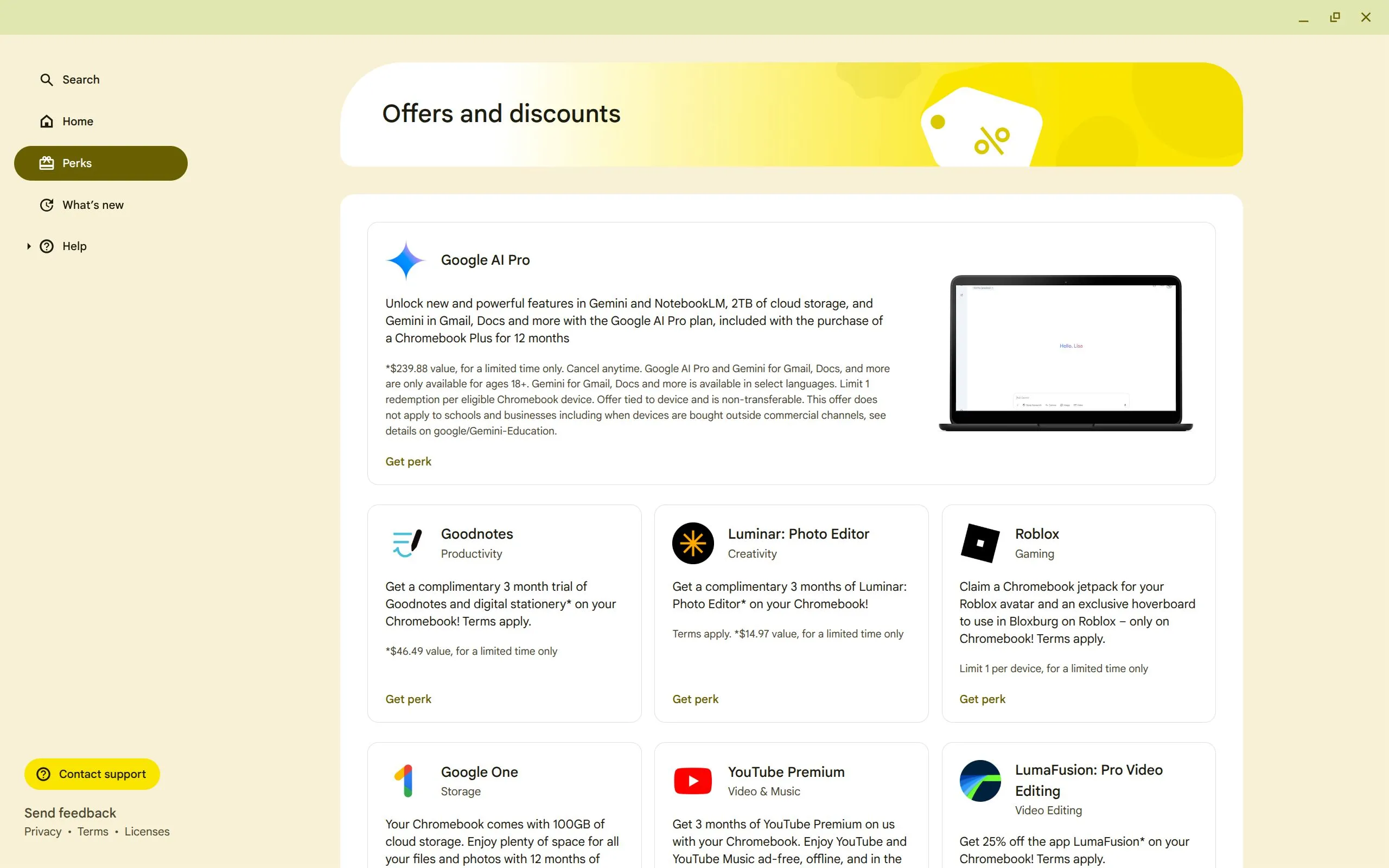 Tab Ưu đãi trong ứng dụng Explore, hiển thị các gói dùng thử miễn phí cho người dùng Chromebook