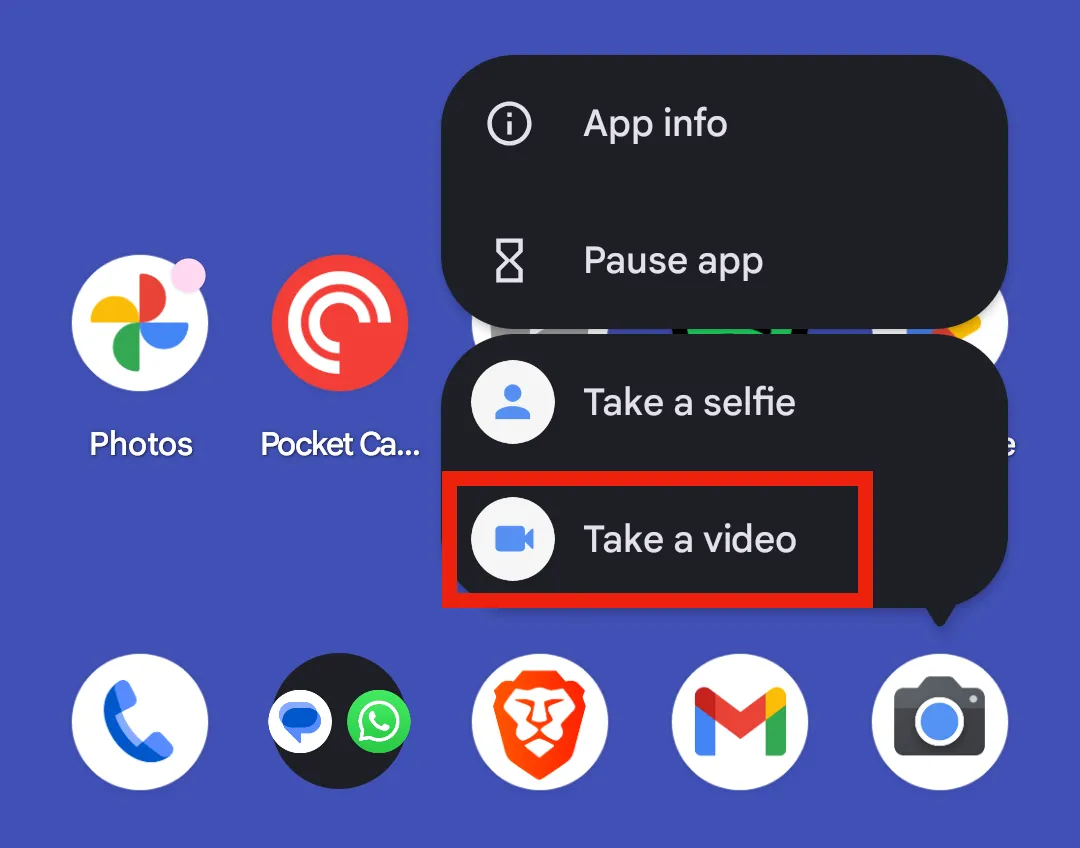Tạo lối tắt &quot;Take a Video&quot; từ menu tùy chọn của biểu tượng ứng dụng Pixel Camera.
