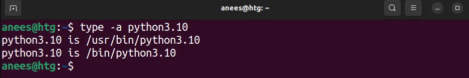 Tất cả các vị trí của Python3.10 được tìm thấy bằng lệnh type -a