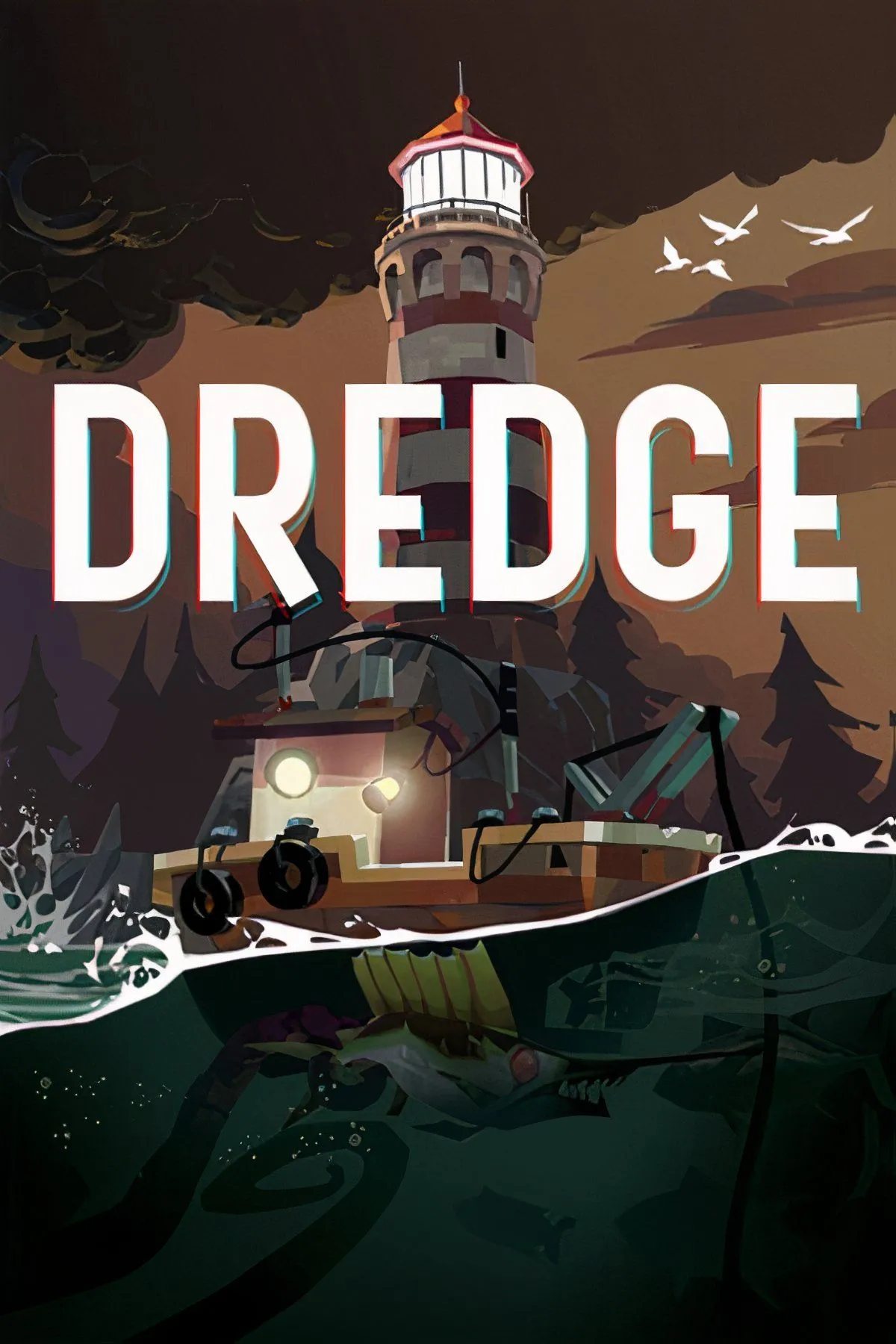 Tàu cá neo đậu gần thị trấn Greater Marrow trong bản demo game Dredge mang phong cách kinh dị Lovecraft