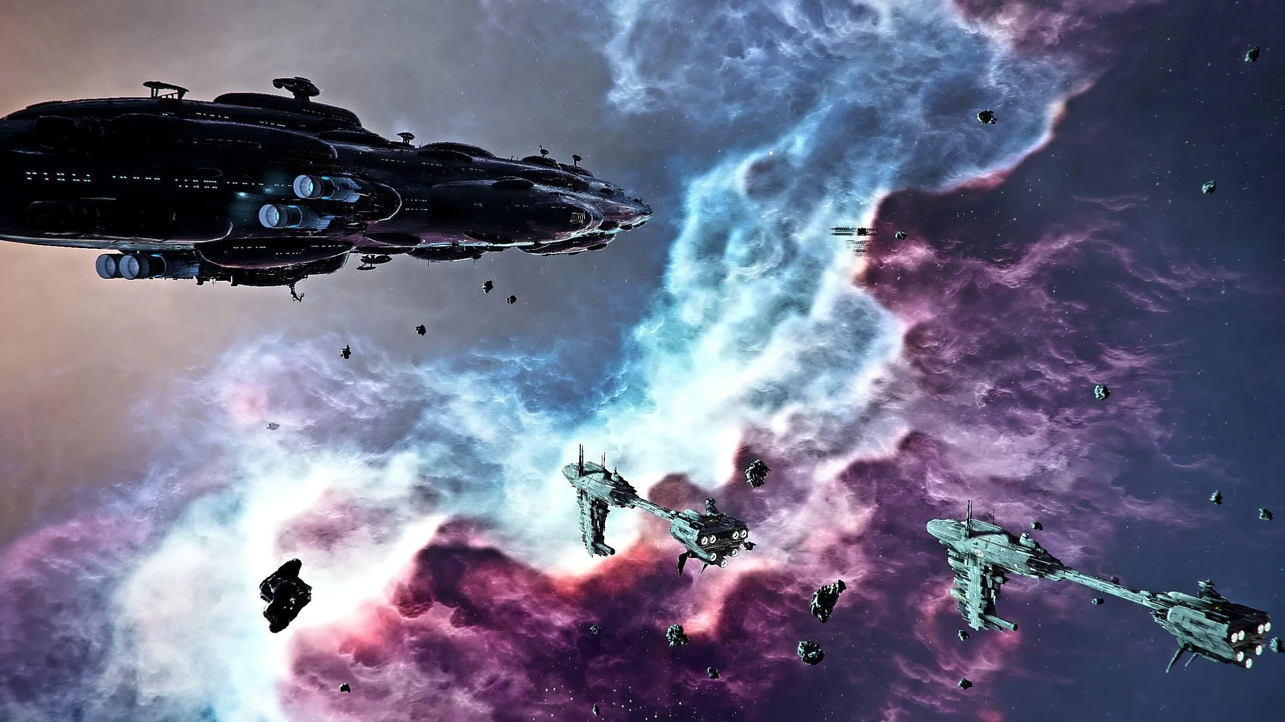 Tàu chiến Star Destroyer khổng lồ bay trong vũ trụ, một cảnh từ mod Star Wars Interworlds của X4: Foundations, mang lại trải nghiệm mô phỏng không gian chân thực.
