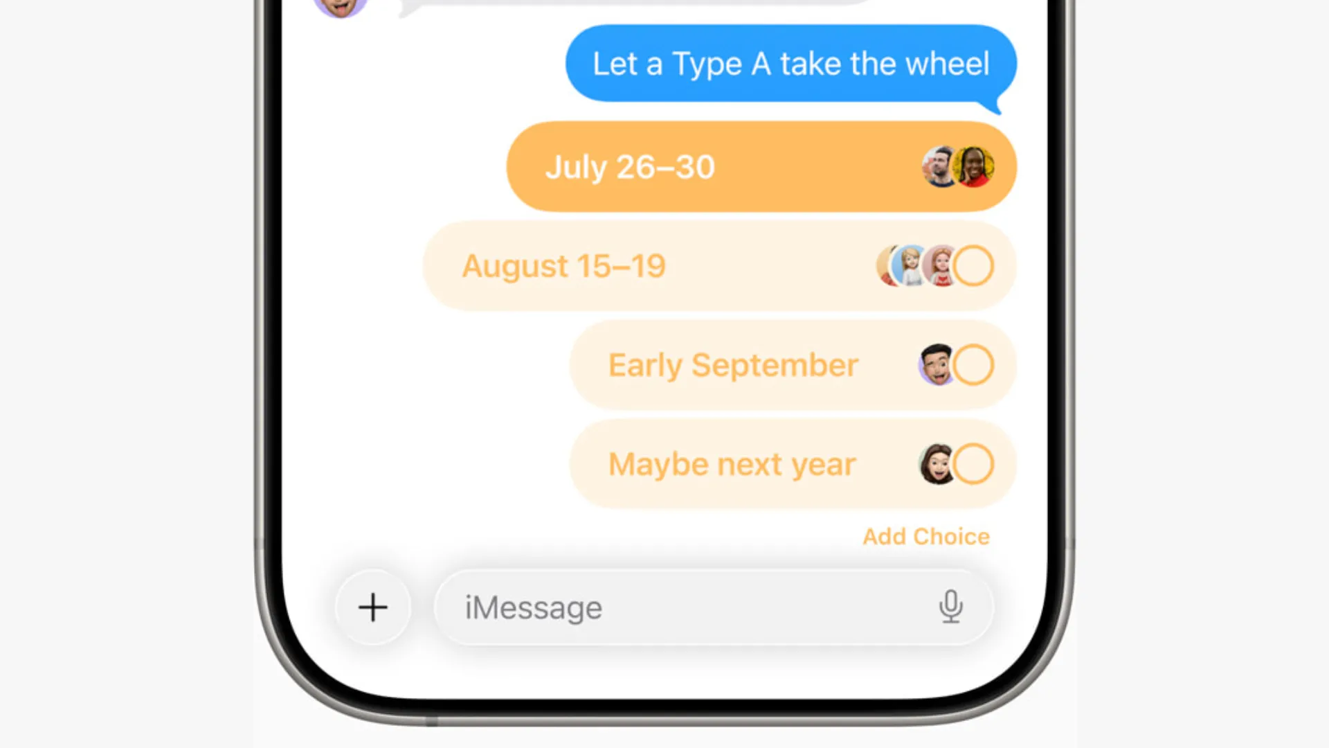 Thăm dò ý kiến đang hoạt động trong nhóm chat Tin nhắn Apple trên iOS 26, giúp người dùng dễ dàng đưa ra quyết định.