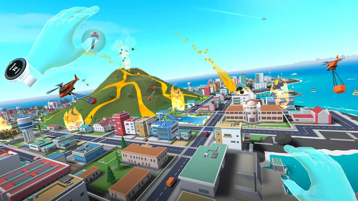 Thành phố được xây dựng trong Little Cities VR với các tòa nhà, đường phố và phương tiện giao thông.