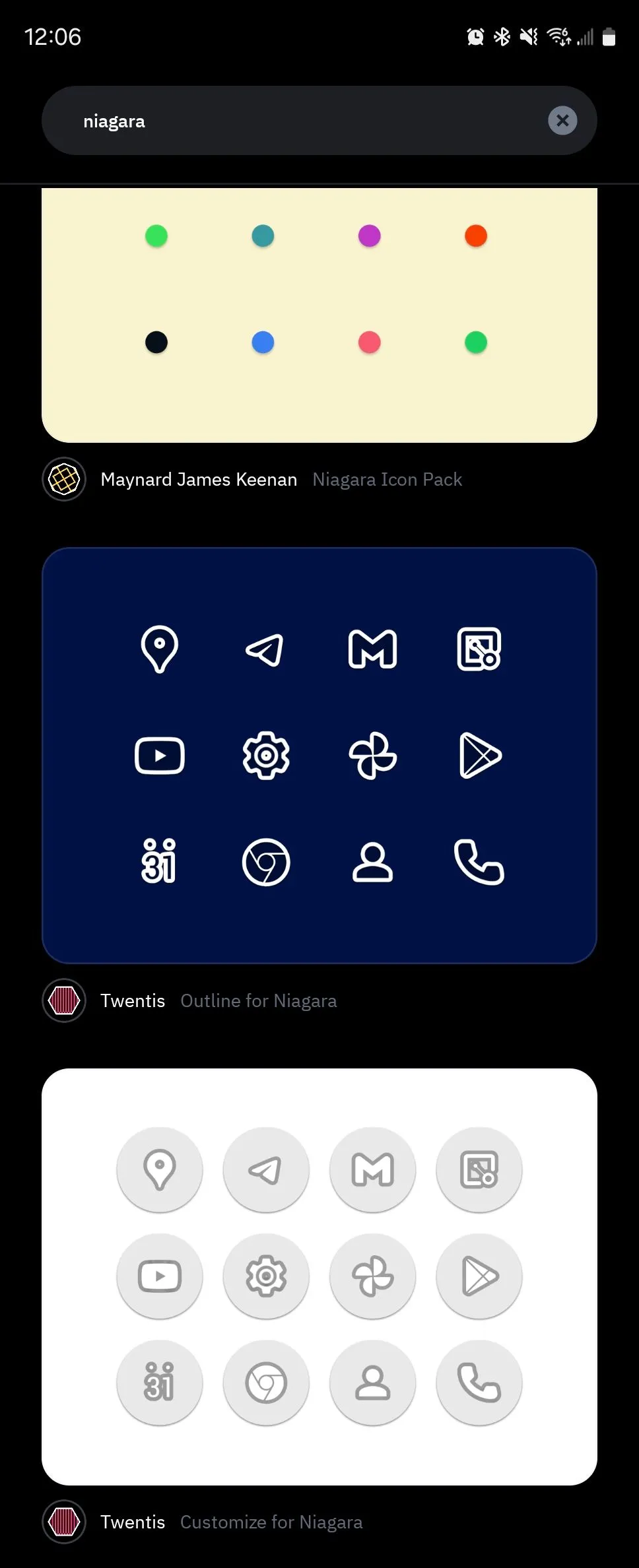 Thanh tìm kiếm trong ứng dụng Icon Pack Studio trên Android, người dùng đang tìm kiếm gói biểu tượng &quot;Niagara&quot;.