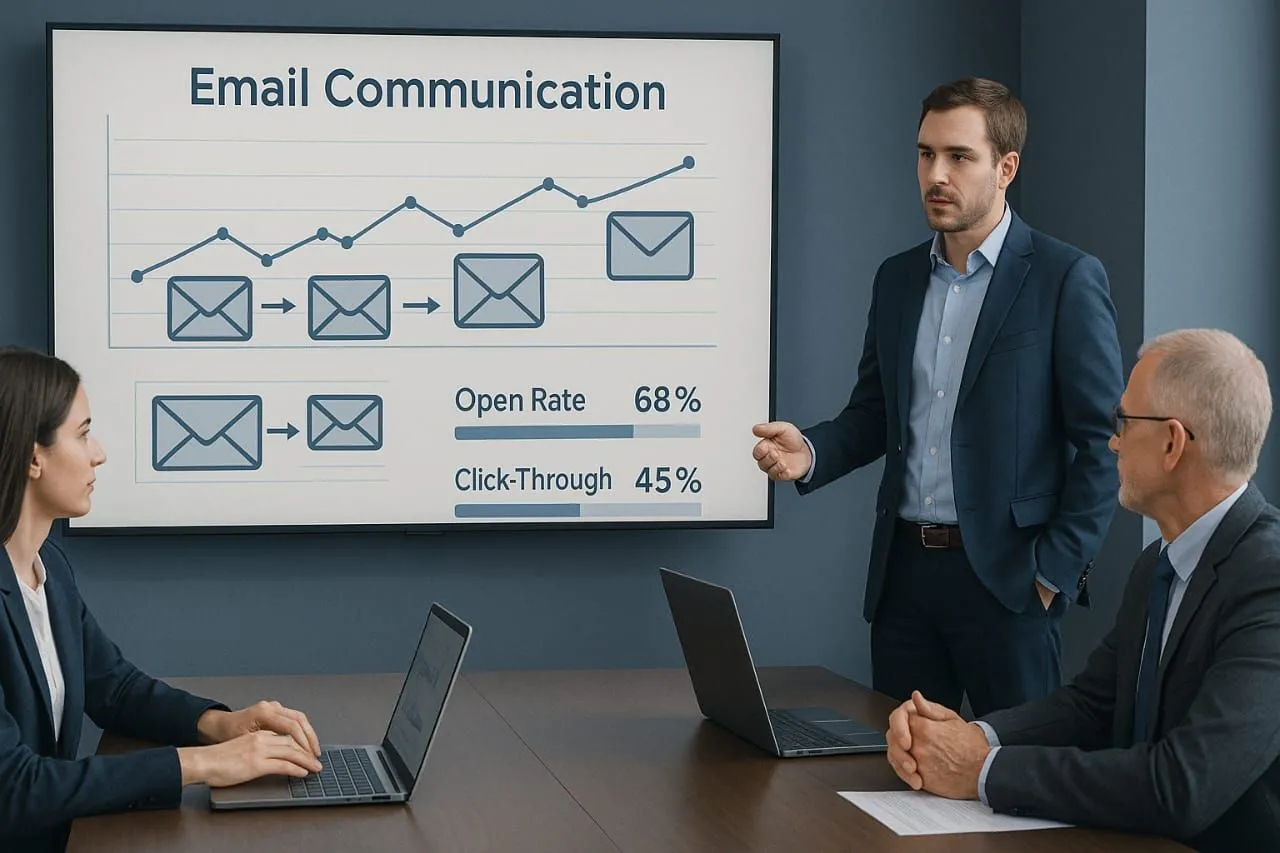 Thành viên công ty trong buổi thuyết trình đang phân tích chỉ số mở email (email open metrics), minh họa việc doanh nghiệp sử dụng công cụ theo dõi email để đánh giá hiệu quả chiến dịch.