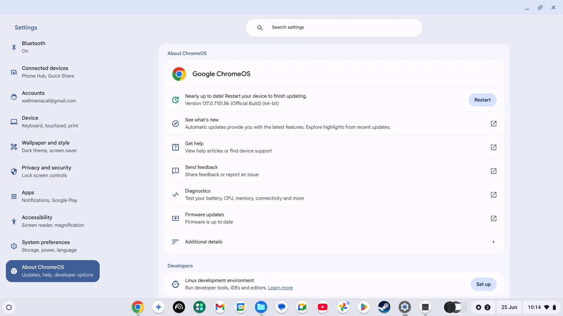 Thông báo cập nhật ChromeOS trên màn hình About ChromeOS