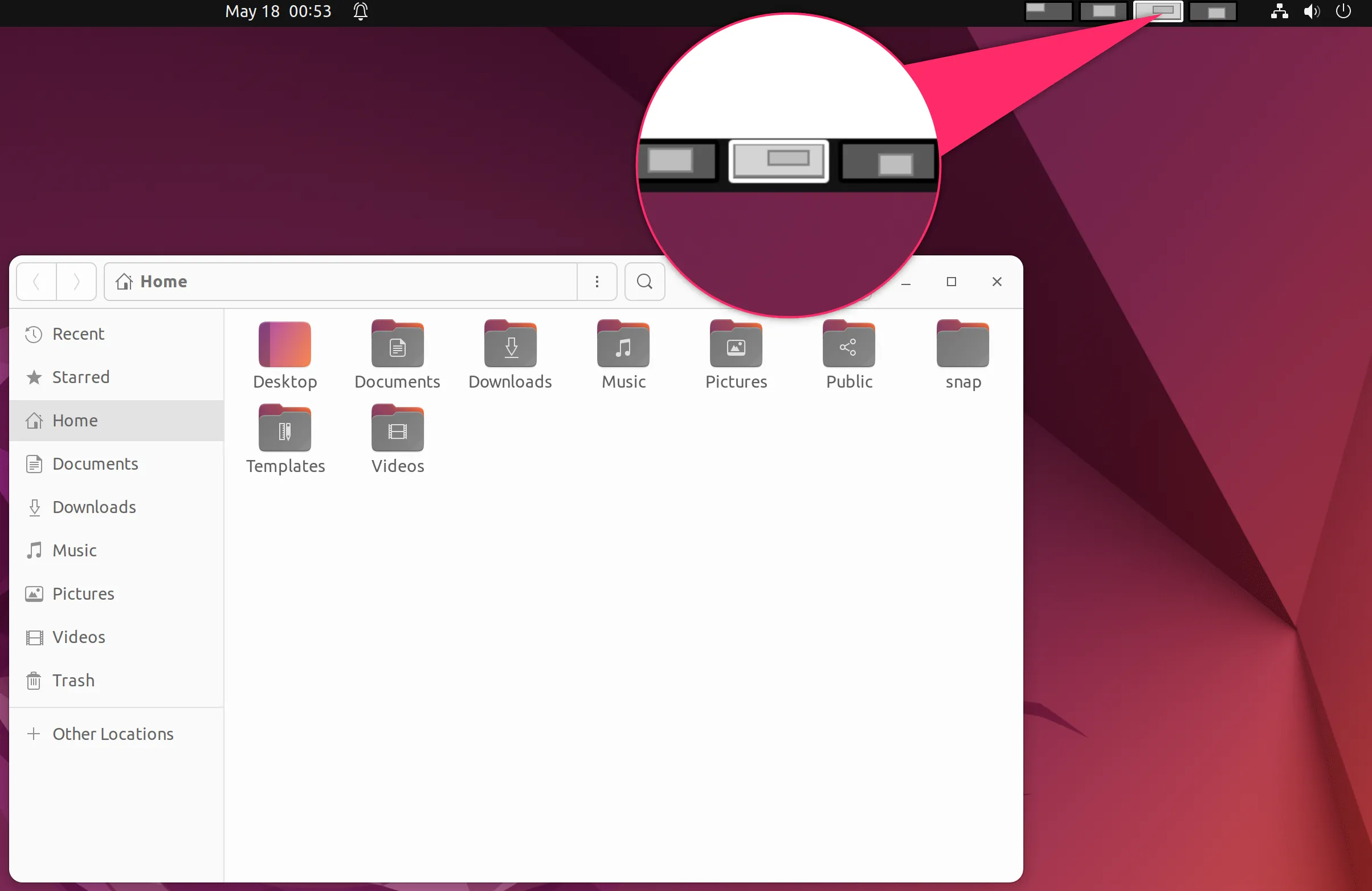 Tiện ích chuyển đổi màn hình ảo trên thanh panel của Ubuntu, hiển thị các Workspaces đang hoạt động