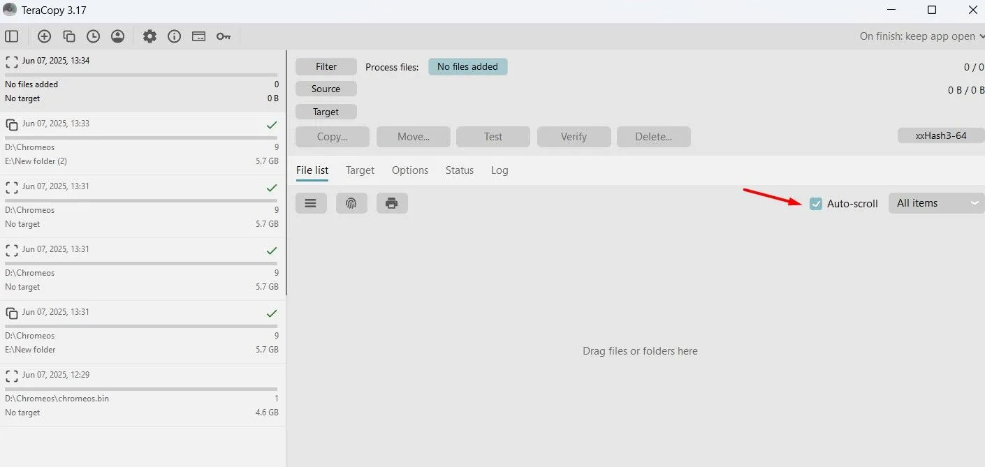 Tính năng Auto Scroll trong nhật ký chuyển file của TeraCopy, giúp tự động bỏ qua file lỗi và tiếp tục quá trình sao chép.