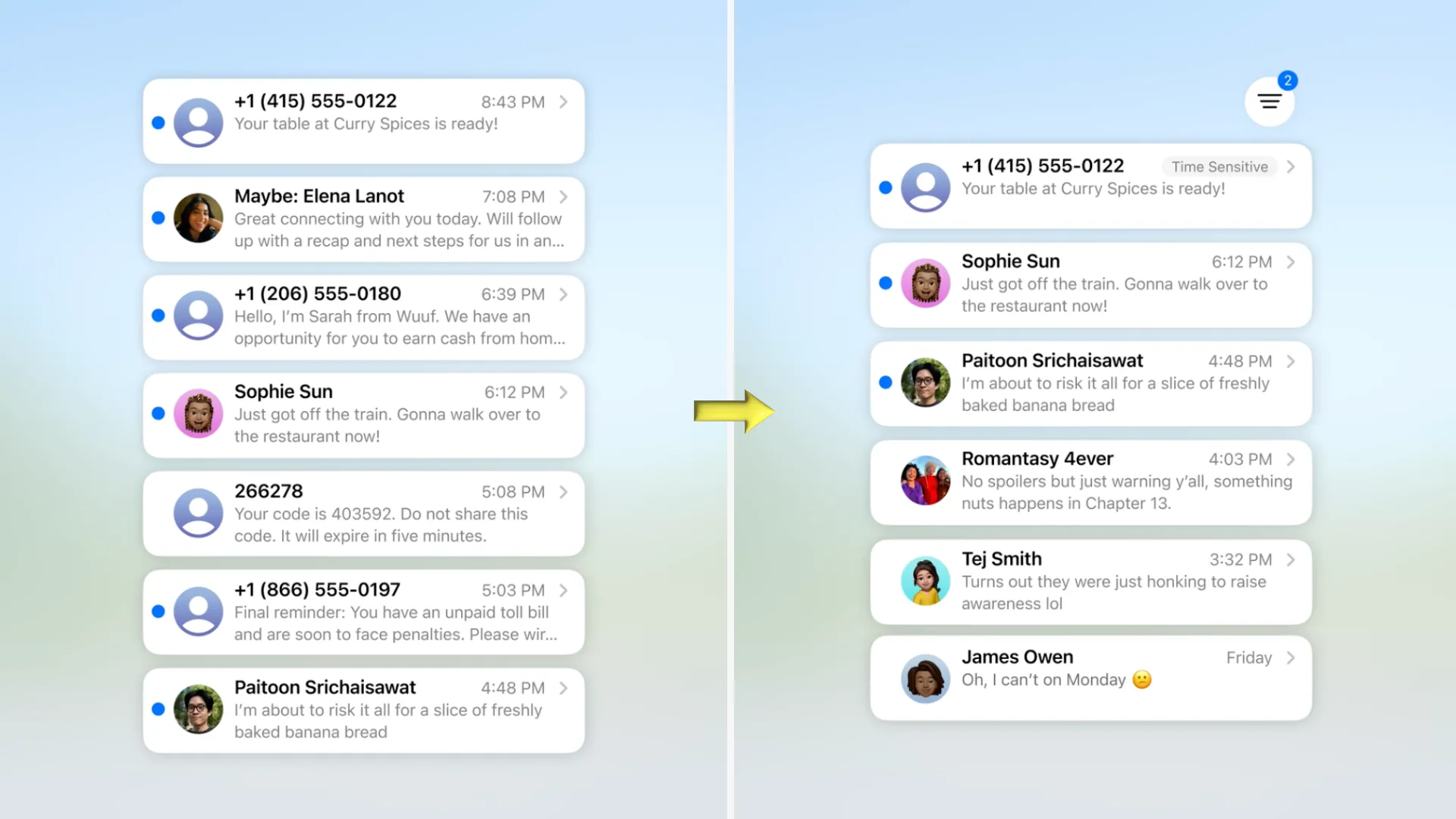 Tính năng lọc tin nhắn từ người gửi không xác định của Tin nhắn Apple trên iOS 26, hiển thị hộp thư đã được phân loại.