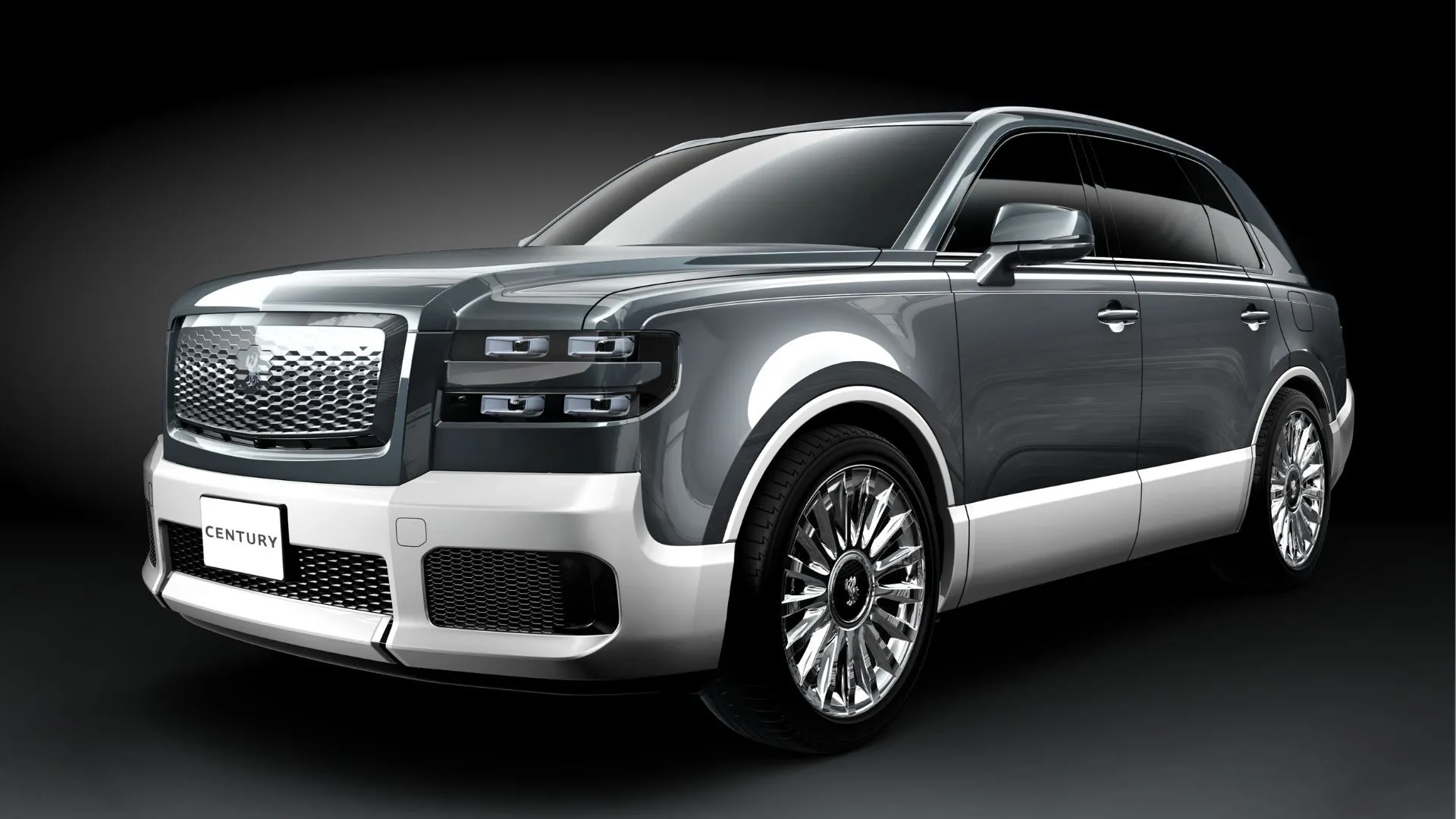 Toyota Century SUV màu xám trong studio với phông nền đen, toát lên vẻ uy quyền và sang trọng
