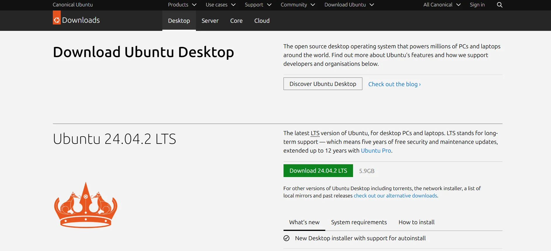 Trang tải xuống Ubuntu 24.04 LTS Desktop, minh họa khả năng truy cập dễ dàng hệ điều hành miễn phí.