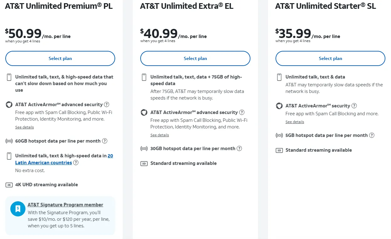 Trang web AT&amp;T giới thiệu các gói cước di động không giới hạn với giá khởi điểm, có hình ảnh điện thoại và dịch vụ.