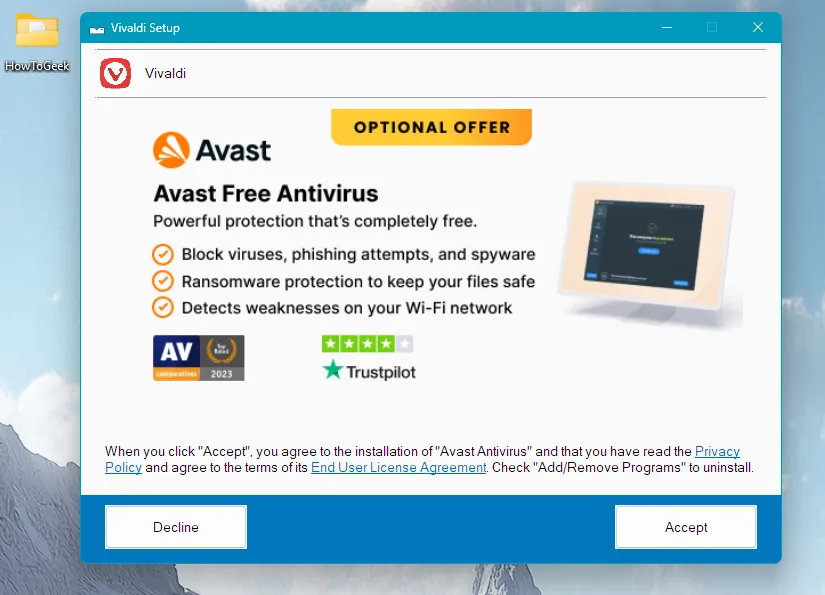Trình cài đặt Vivaldi trên Windows 11 hiển thị tùy chọn cài đặt thêm Avast Antivirus, minh họa rủi ro phần mềm không mong muốn